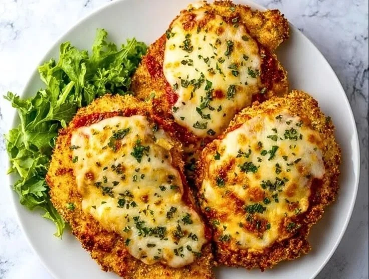 Delicious Air Fryer Chicken Parmesan garnished with fresh basil and served on a plate.