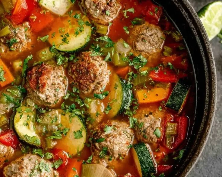 Delicious bowl of albondigas soup with meatballs and vegetables