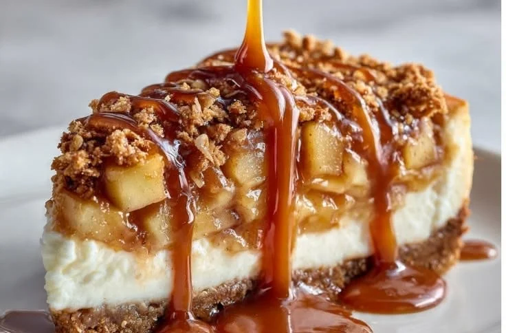 Delicious Apple Crisp Cheesecake topped with cinnamon apples and crumbly topping