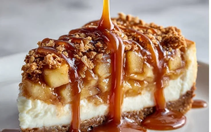 Delicious slice of Apple Crisp Cheesecake with crunchy topping and apple layers