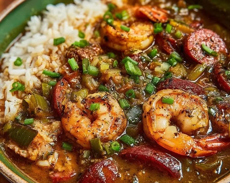 Bowl of authentic Cajun gumbo with vegetables and spices