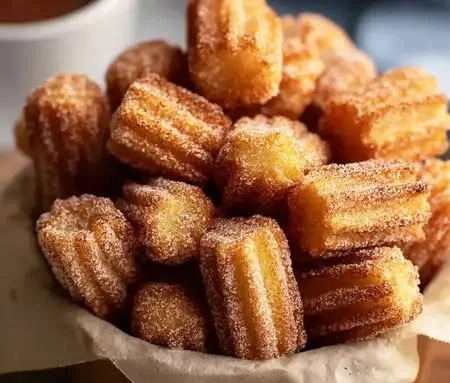 Delicious baked churro bites on a plate dusted with cinnamon sugar.