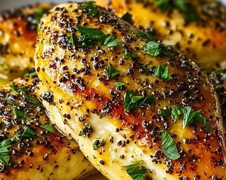 Baked Greek yogurt chicken dish garnished with herbs and spices