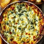 Creamy baked spinach artichoke dip topped with melted cheese
