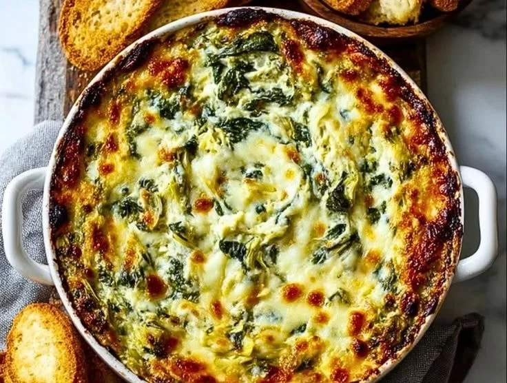 Creamy baked spinach artichoke dip topped with melted cheese