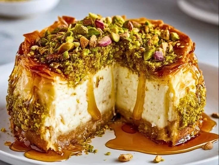 Delicious baklava cheesecake topped with honey and crushed pistachios.