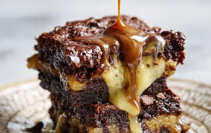 Delicious banana bread brownies topped with chocolate and walnuts.