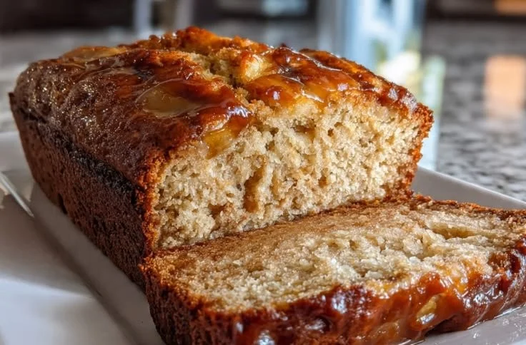 Delicious banana bread squares drizzled with caramel sauce on a plate
