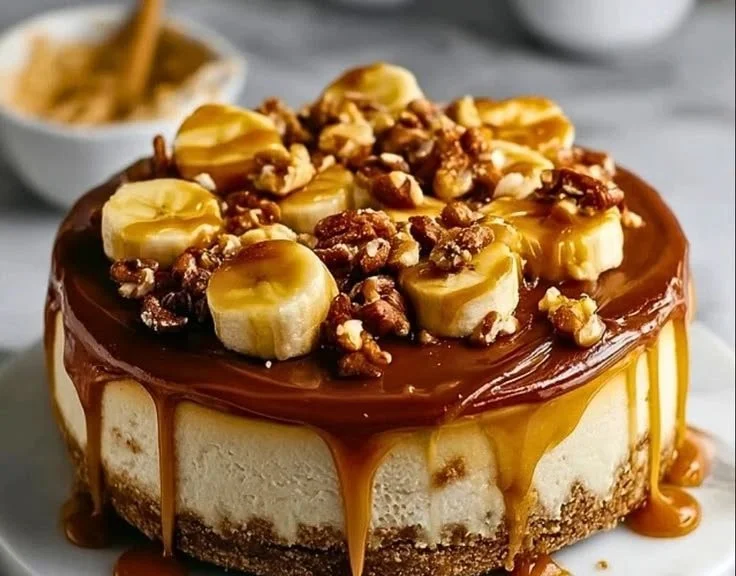 Delicious Banana Caramel Nut Cheesecake topped with caramel and nuts