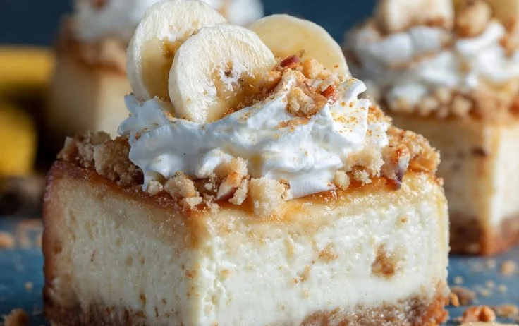 Delicious Banana Cheesecake Bars topped with banana slices on a plate