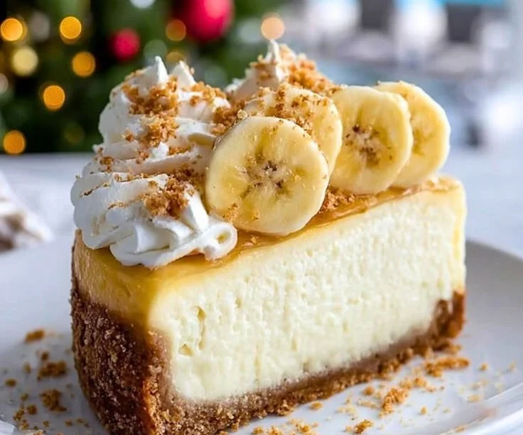 Slice of banana cream cheesecake topped with whipped cream and banana slices