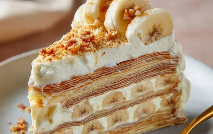 Delicious Banana Crepe Cake with layers of crepes and banana filling
