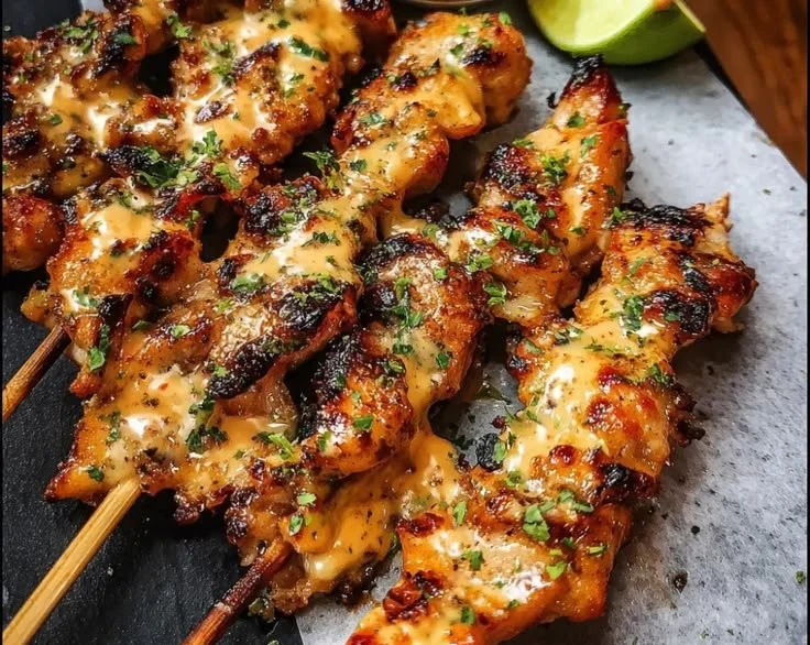 Delicious Bang Bang Chicken skewers garnished and ready to serve.