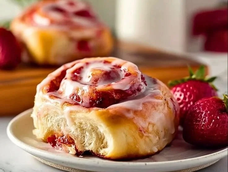 Freshly baked strawberry cinnamon rolls topped with icing
