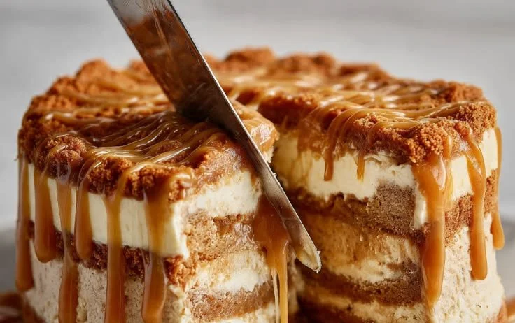 Biscoff Caramel Cheesecake topped with crumbled Biscoff cookies