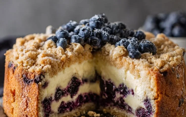 Delicious blueberry cheesecake cake with fresh blueberries on top