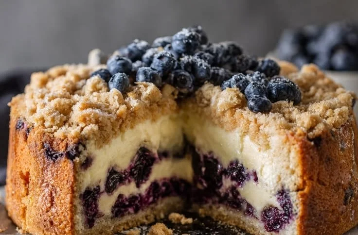 Delicious blueberry cheesecake cake showcasing a slice with fresh blueberries on top