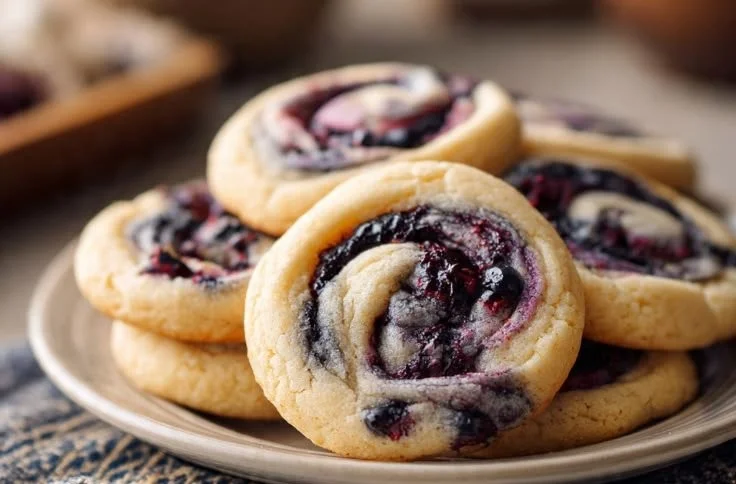 Blueberry Cheesecake Cookies on a white plate with blueberries