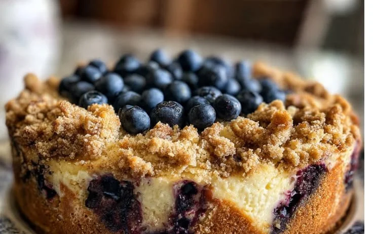 Delicious blueberry cheesecake crumb cake with a crumbly topping and blueberries.