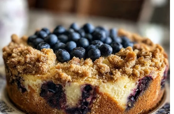 Delicious blueberry cheesecake crumb cake with a crumbly topping