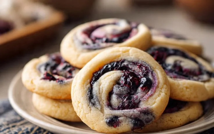 Delicious blueberry cheesecake swirl cookies on a cooling rack