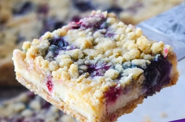 Blueberry cream cheese bars topped with fresh blueberries on a white plate