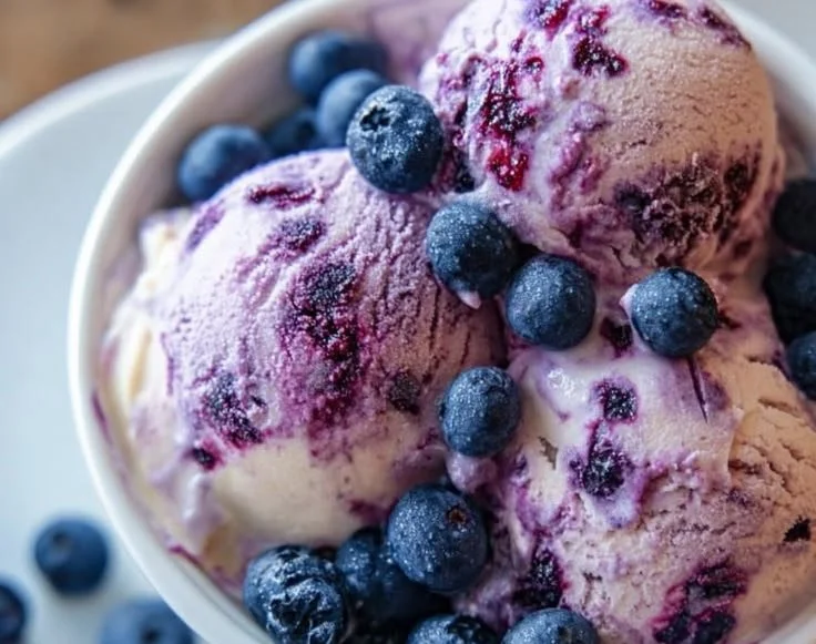 Delicious Blueberry Greek Frozen Yogurt topped with fresh blueberries