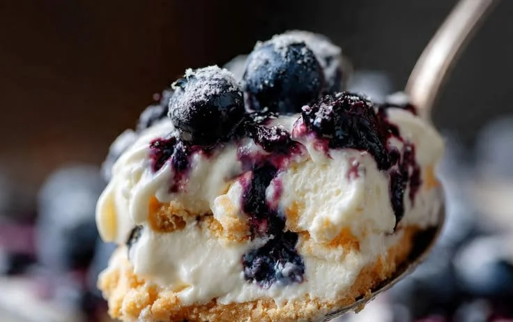 Blueberry layered dessert cups with fresh blueberries and creamy layers.