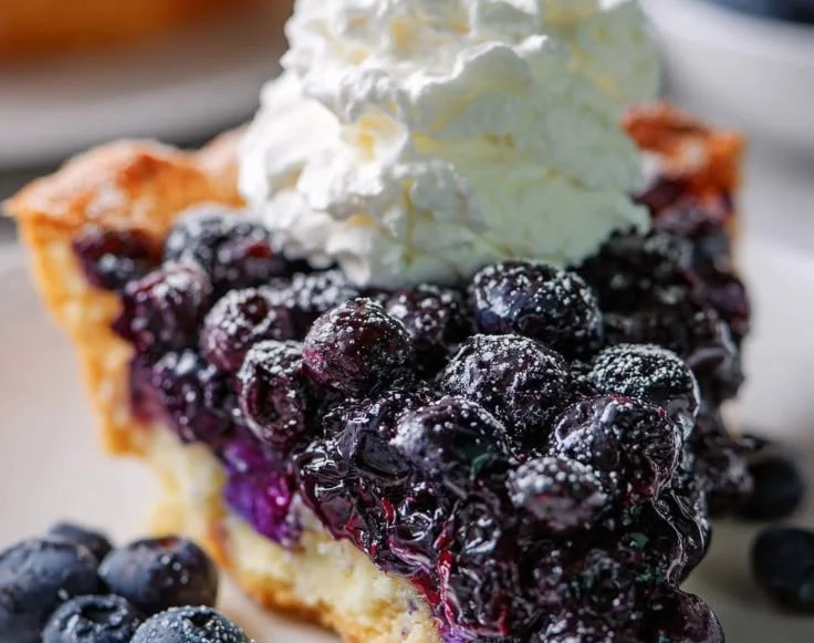 Delicious crustless blueberry pie fresh out of the oven.
