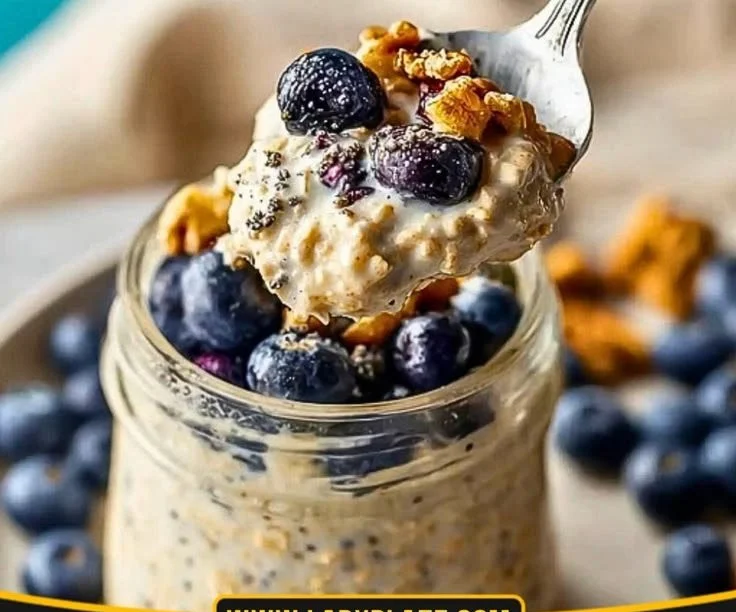 Bowl of blueberry yogurt overnight oats topped with fresh blueberries and nuts