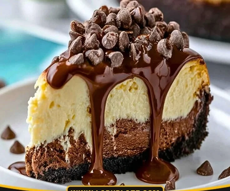 Boston Cream Pie Cheesecake topped with chocolate glaze and cream filling