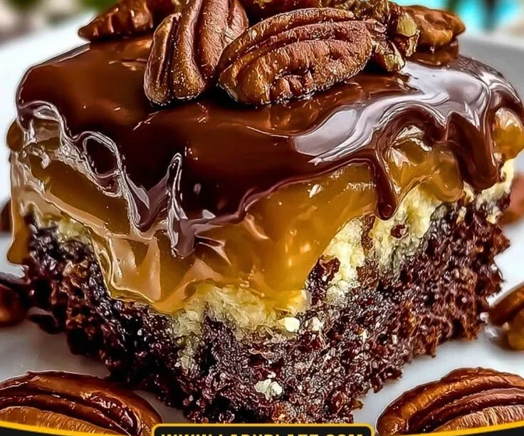 Delicious box mix turtle cake topped with chocolate and caramel