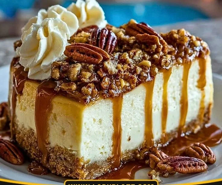 Slice of decadent browned butter pecan cheesecake garnished with pecans