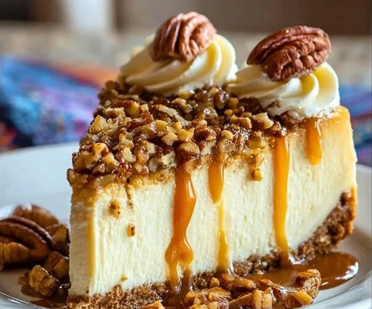 Slice of Browned Butter Pecan Cheesecake topped with pecans and caramel drizzle
