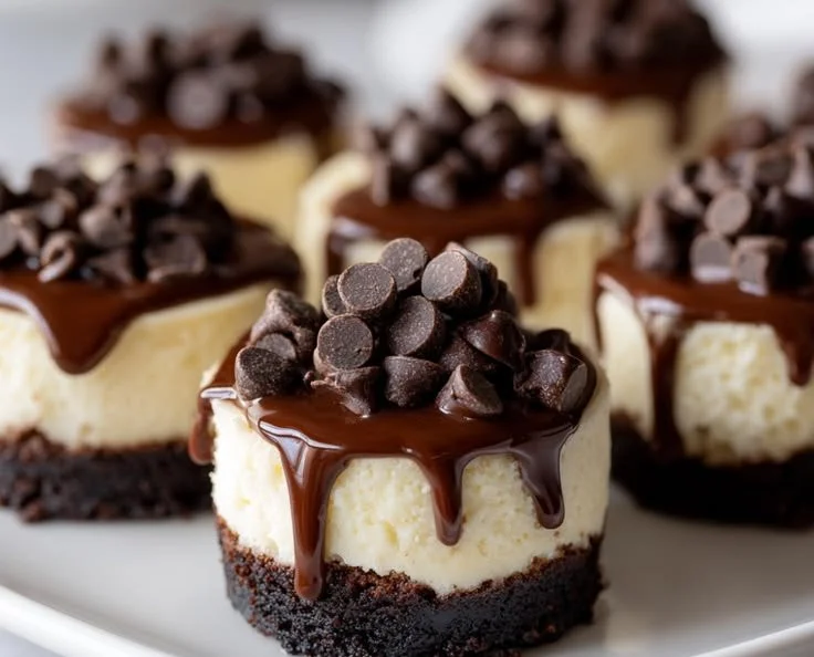 Brownie bottom mini cheesecakes topped with creamy filling and chocolate drizzle