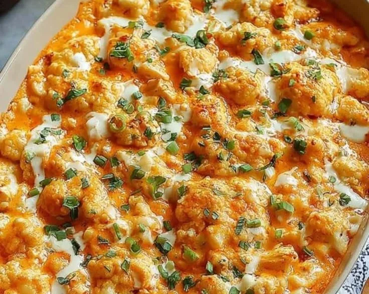 Buffalo Chicken Cauliflower Casserole served in a dish