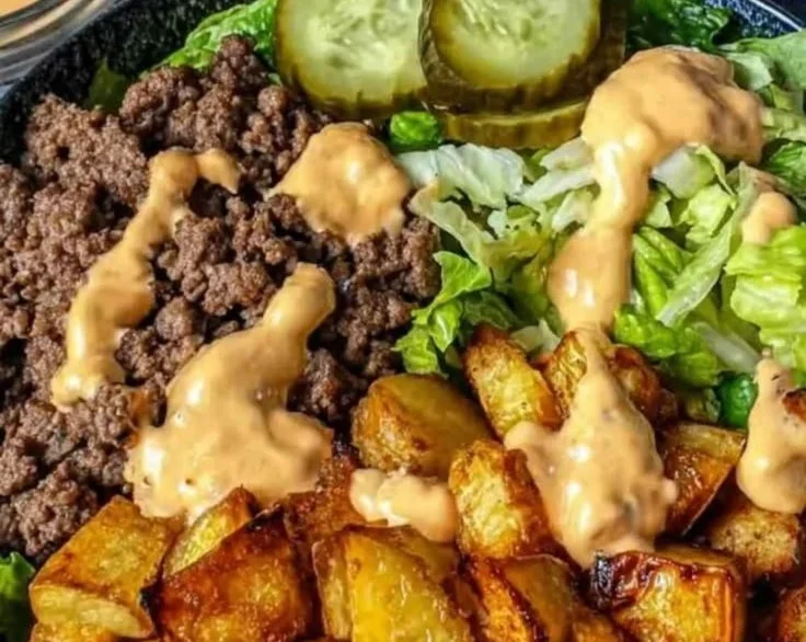 Delicious and colorful burger bowl with fresh toppings and ingredients