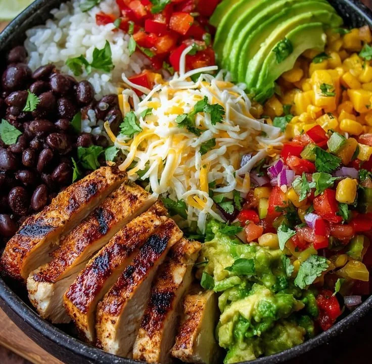 Burrito bowl featuring grilled chicken, fresh veggies, and flavorful toppings.