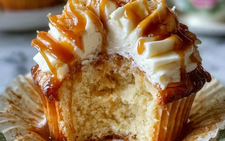Delicious Butterbeer Cupcakes topped with creamy frosting and butterscotch drizzle