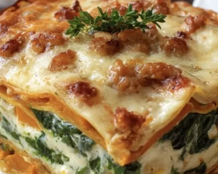 Butternut squash and spinach lasagna on a plate