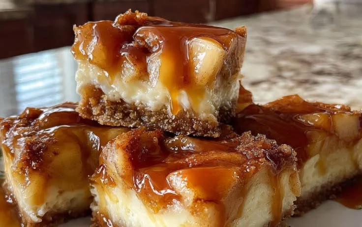 Delicious caramel apple cheesecake bars topped with caramel drizzle and apple slices