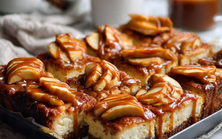Delicious caramel apple cheesecake bars topped with caramel drizzle.
