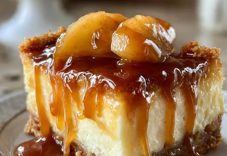 Delicious Caramel Apple Cheesecake Bars topped with caramel and apple slices