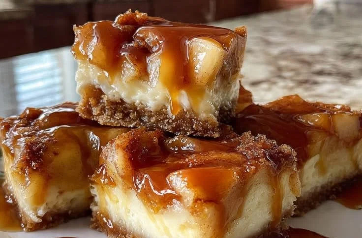 Delicious Caramel Apple Cheesecake Bars topped with caramel drizzle and apple slices