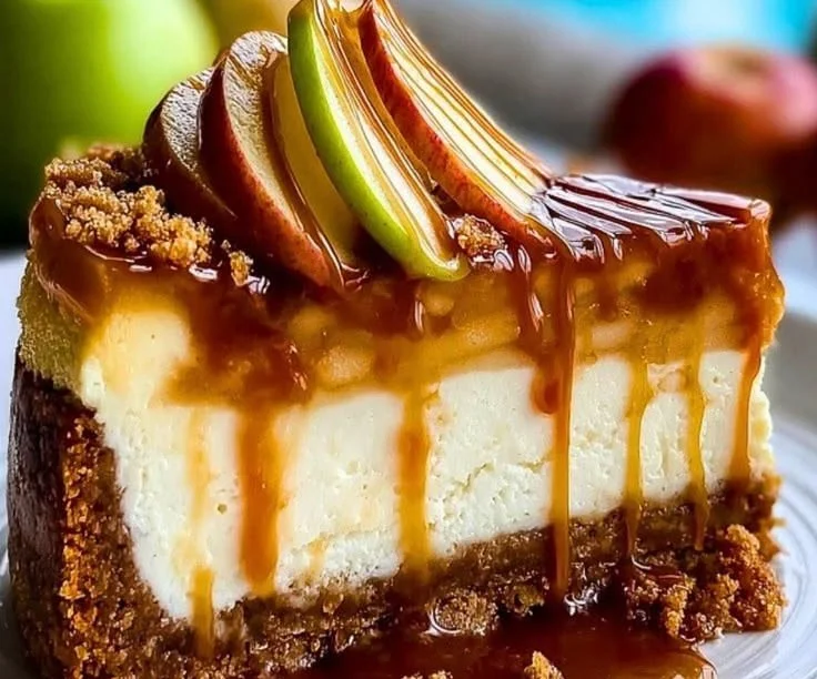 Delicious homemade caramel apple cheesecake topped with caramel sauce and apple slices.