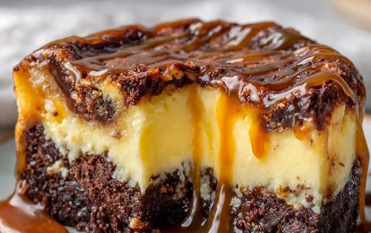 Delicious Caramel Brownie Cheesecake with rich caramel drizzle and chocolate layers.