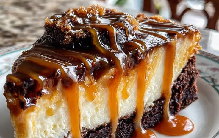 Delicious caramel brownie cheesecake topped with caramel drizzle and chocolate.