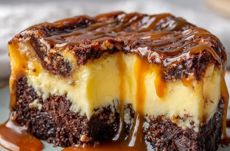 Slice of caramel brownie cheesecake with drizzled caramel sauce on top.