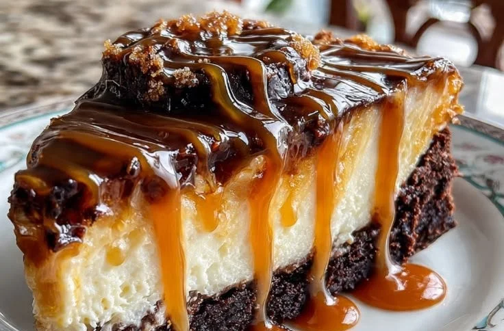 Slice of caramel brownie cheesecake topped with chocolate drizzle