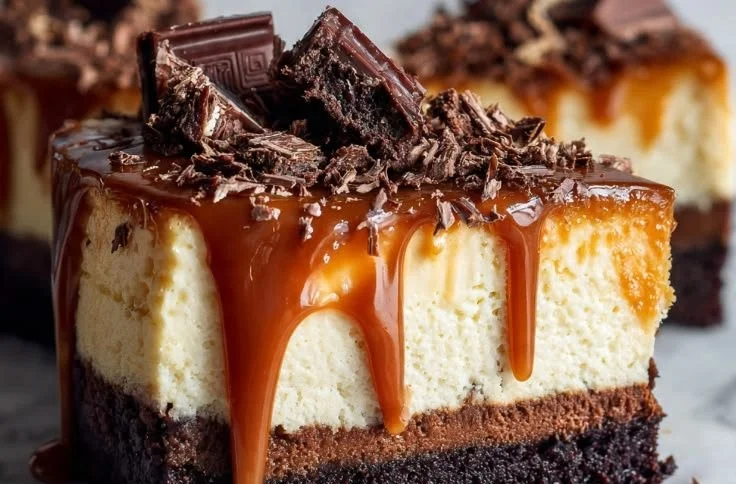 Delicious caramel brownie cheesecake served on a plate